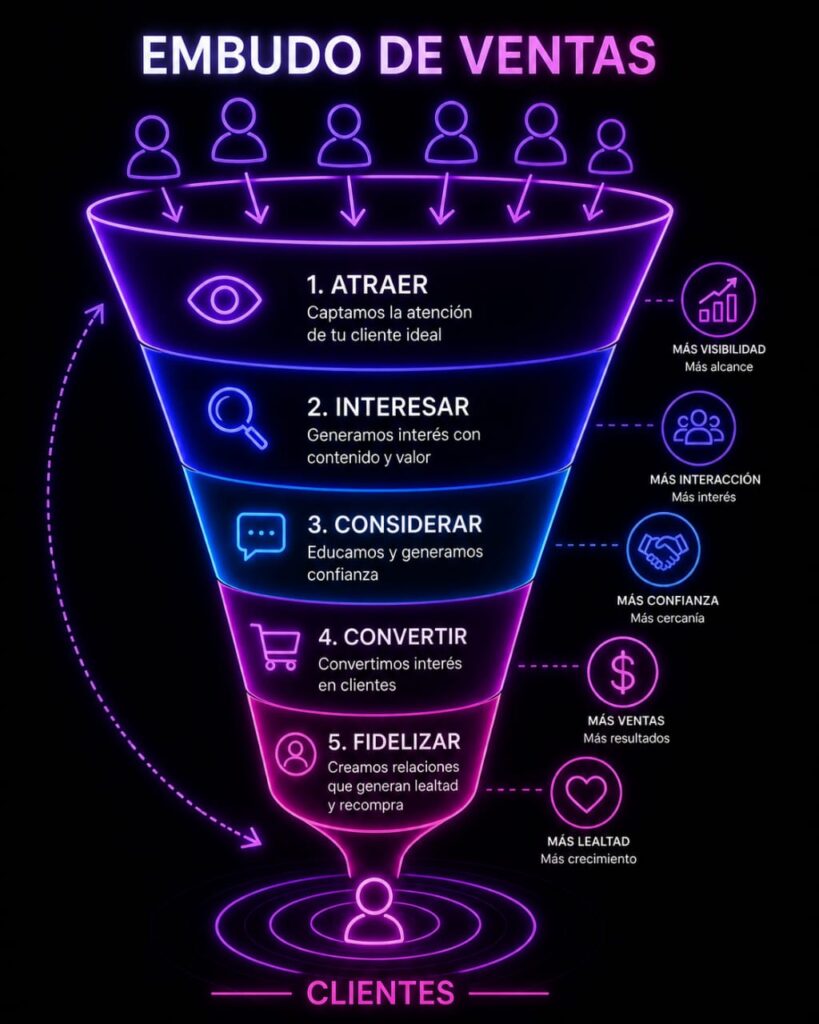 Generación de leads Gráfico con datos de rendimiento de generación de leads: visitas, leads y ventas, con porcentajes de abandono en cada etapa