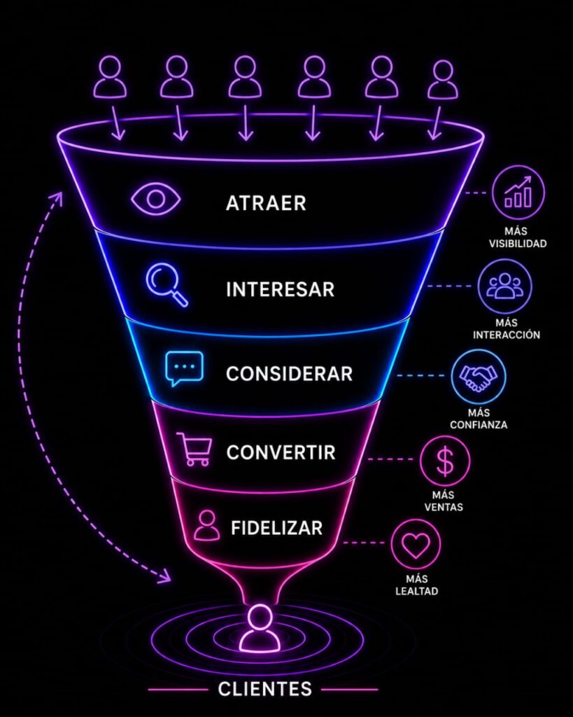 Metodología Evora: embudo de conversión – Atraer, Interesar, Considerar, Convertir, Fidelizar. Generamos tráfico, captamos leads y convertimos ventas